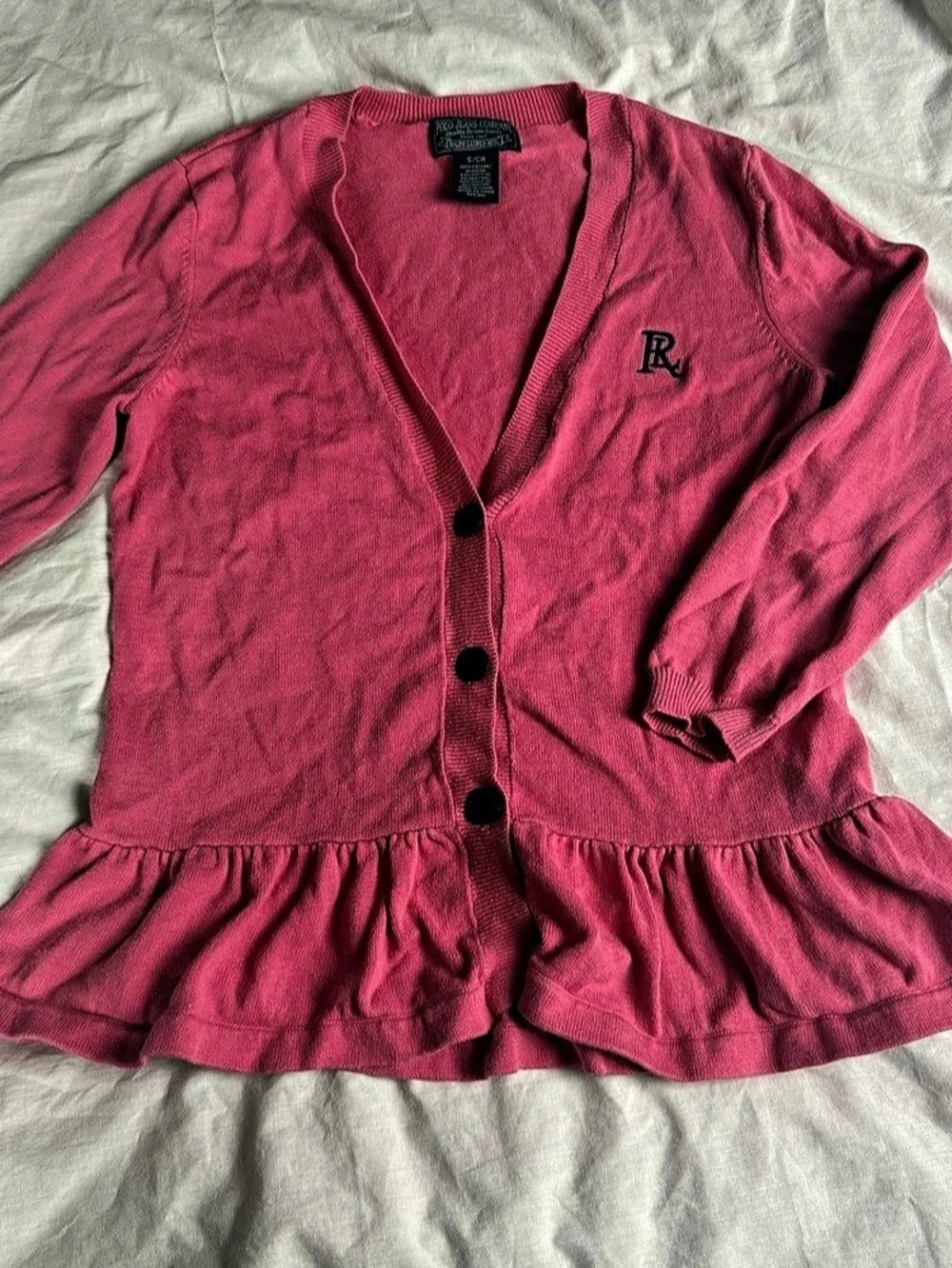Polo Jeans Company Ralph Lauren MFG Pink Y2k Ruffle Hem Cardigan Size Small